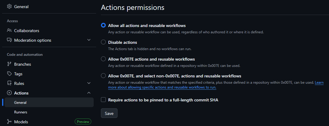 General github actions settings