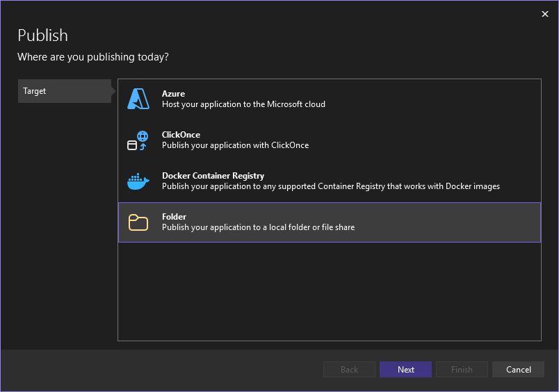 Select target in publish section