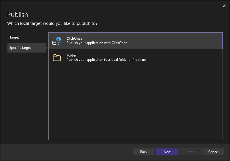 Choose clickonce as target